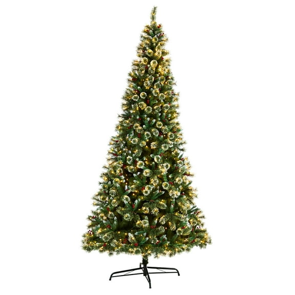 Nearly Natural Frosted Swiss Clear Prelit LED Green Holiday Pine Christmas Tree, with Berries 10'