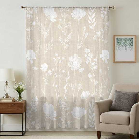 Cream Wildflowers Sheer Curtains 45 Inches Long, Farmhouse Floral Botanical Leaves Light Filering Curtains, Breathable Simi Curtain Privacy Drapes for Kitchen Bathroom Lightweight Window Treatment
