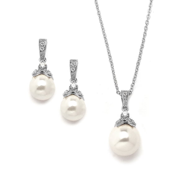 Mariell Pearl Drop Bridal Necklace Earrings Set with CZ Crystals for Bride, Bridesmaid, Birthday Gift