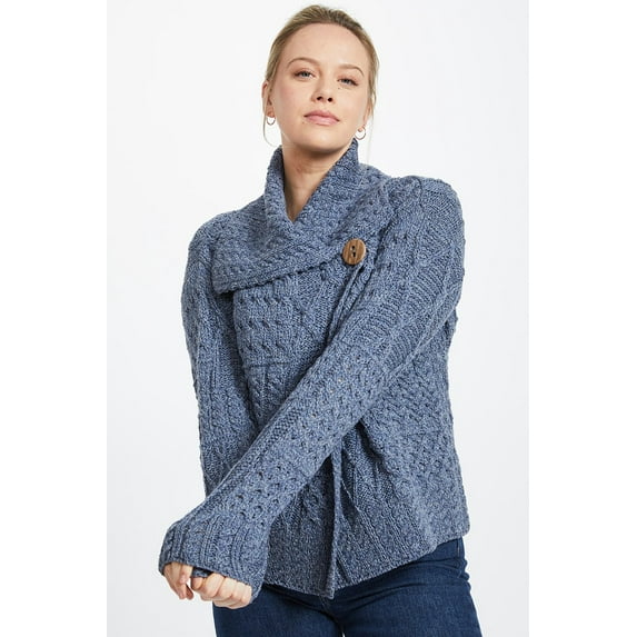 Irish Merino Wool Cardigan One Button Cable Knitted Sweater for Women by Aran Woollen Mills