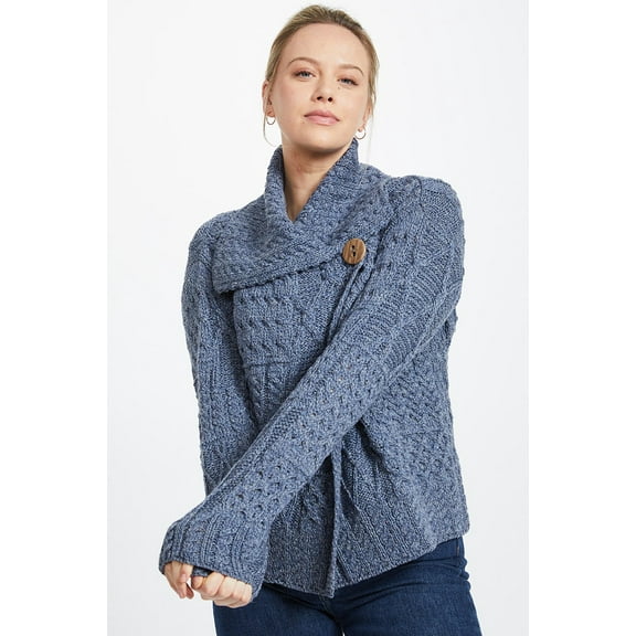 Irish Merino Wool Cardigan One Button Cable Knitted Sweater for Women by Aran Woollen Mills