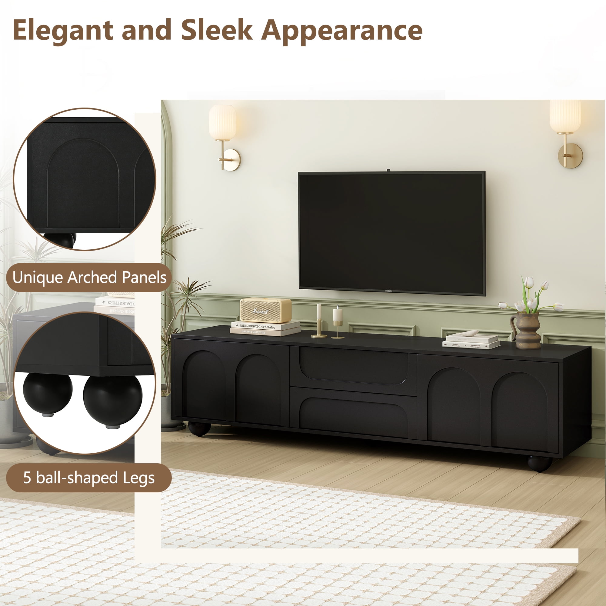 Black TV Stand for TVs up to 75", Modern Media Console with Arched Doors & 2 Drawers, Minimalist Entertainment Center with Press-Open Panels, 5 Round Metal Legs