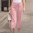 thumbnail image 2 of Diufon Cotton Linen Pants Women Summer Casual Drawstring Elastic Waist Straight Leg Capris Solid Color Loose Pant, 2 of 7