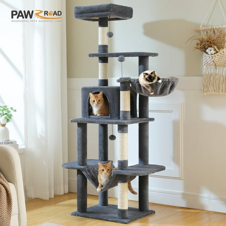 PAWZ Road 64" Cat Tree 5-Tier Sisal Scratching Post Tower Hammock Perch for Indoor Cats, Dark Gray