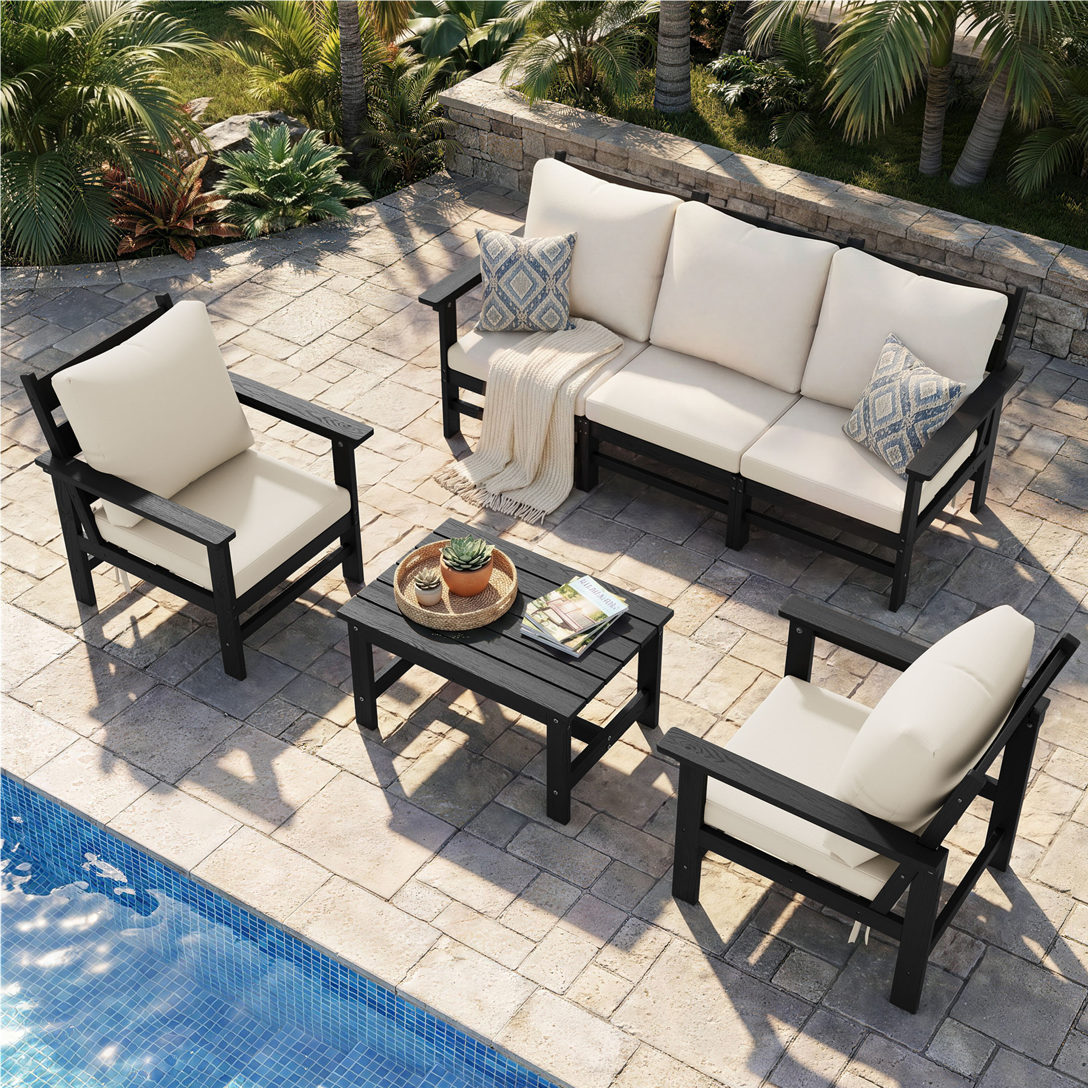UDPATIO HDPE Patio Conversation Set, 6-Piece Sectional Outdoor Furniture Set, All-Weather Outdoor Couch Set for Deck, Lawn, Black Frame with Beige Cushion