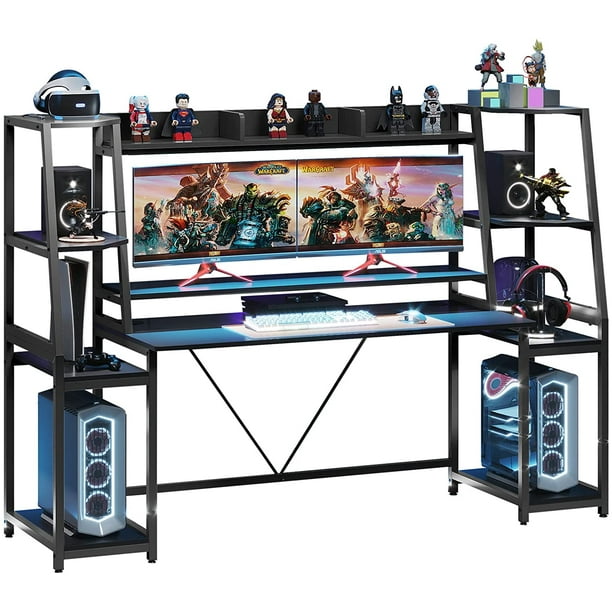 Gaming Desk with LED Lights, Hutch and Storage Shelves, Office Computer