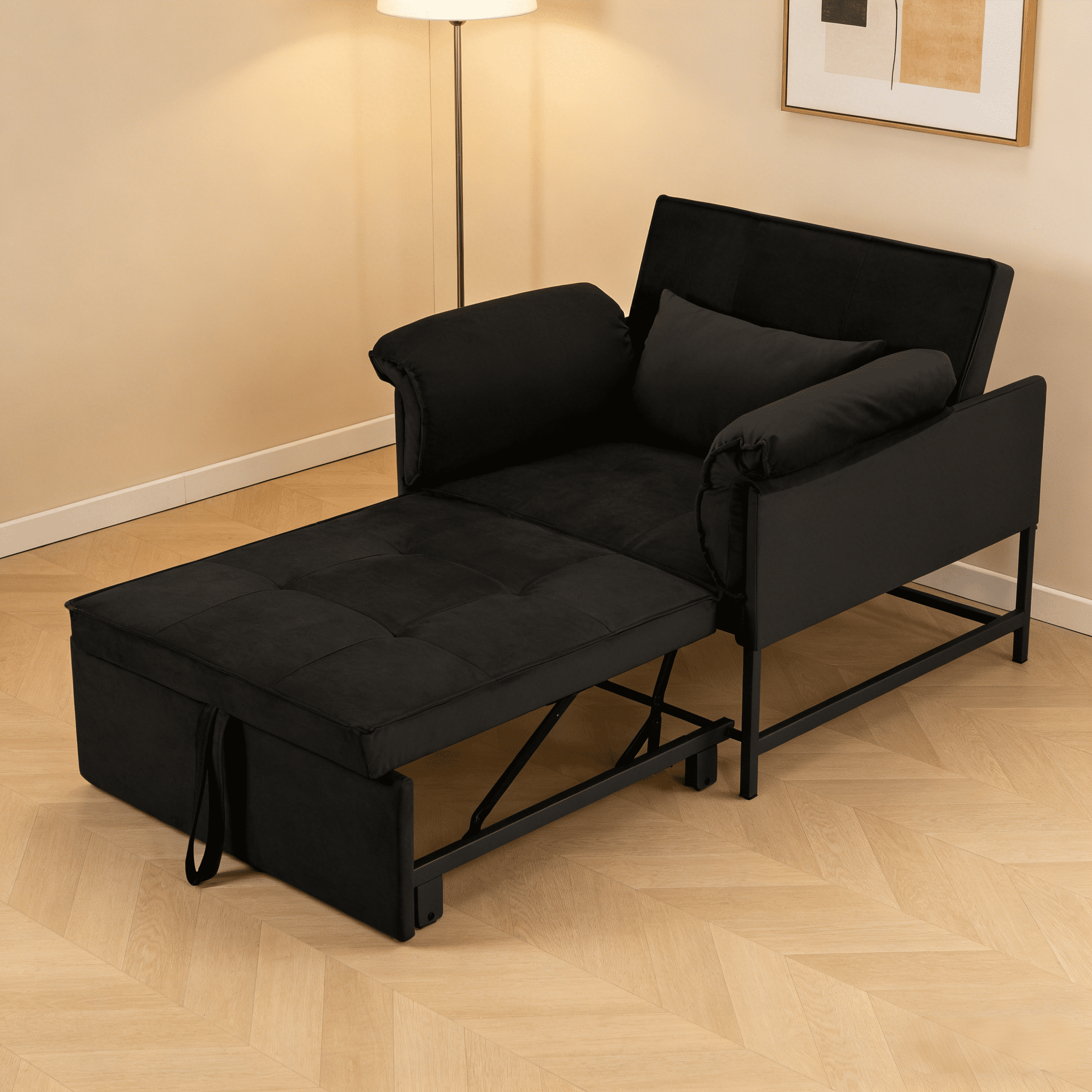 BSHTI 34.3" Convertible Pull-Out Sleeper Chair, Twin-Size Bed with Velvet Upholstery, 3-Position Adjustable Backrest, Metal Frame for Small Space & Guest Room, Black