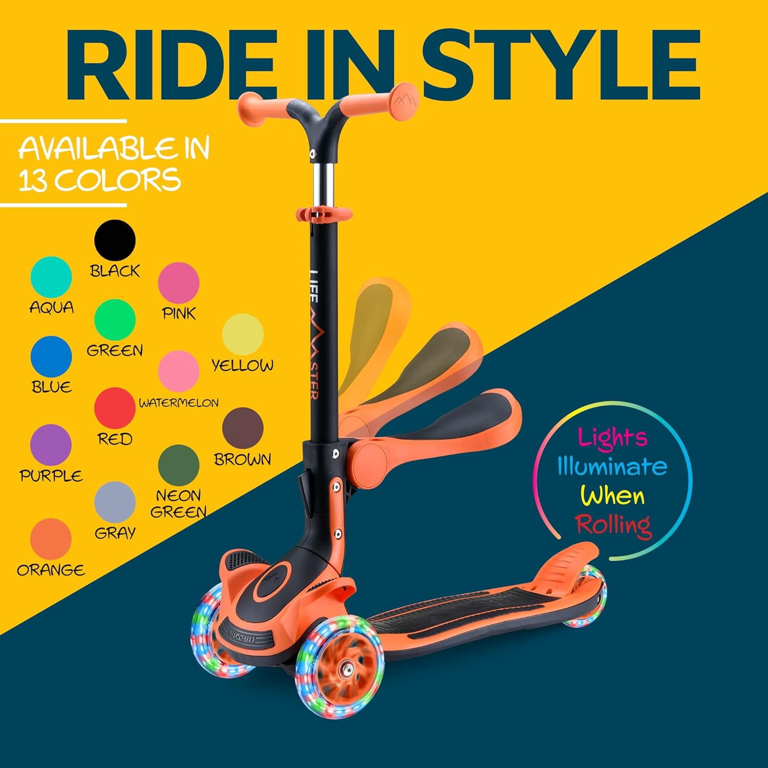 Lifemaster 3 Wheel Kids Scooter with Foldable Seat, Adjustable Handlebar, Lean-to-Steer LED Light-Up Wheels, Wide Anti-Slip Deck for Ages 2+