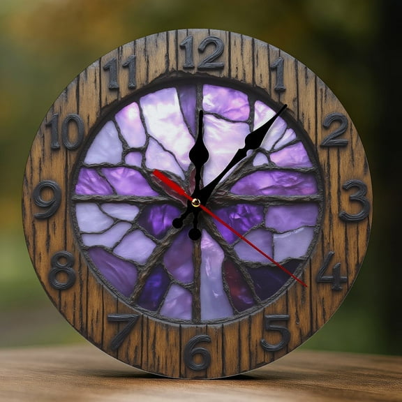 Wall Clock Decorative - Vintage Purple Stained Glass Print 2D Vintage Wall Clocks Battery Operated Silent Non-Ticking for Bedroom, Living Room, Kitchen, Office, Classroom, 10 Inch
