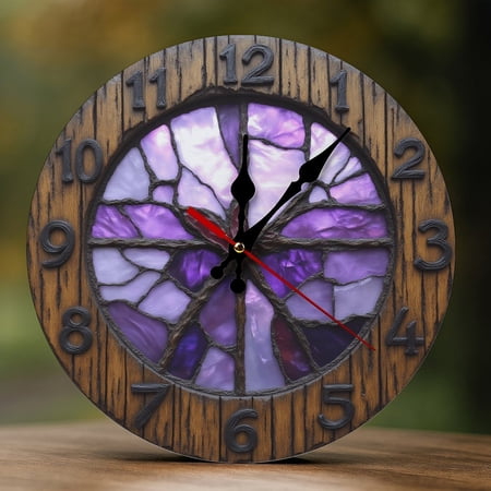 Wall Clock Decorative - Vintage Purple Stained Glass Print 2D Vintage Wall Clocks Battery Operated Silent Non-Ticking for Bedroom, Living Room, Kitchen, Office, Classroom, 10 Inch