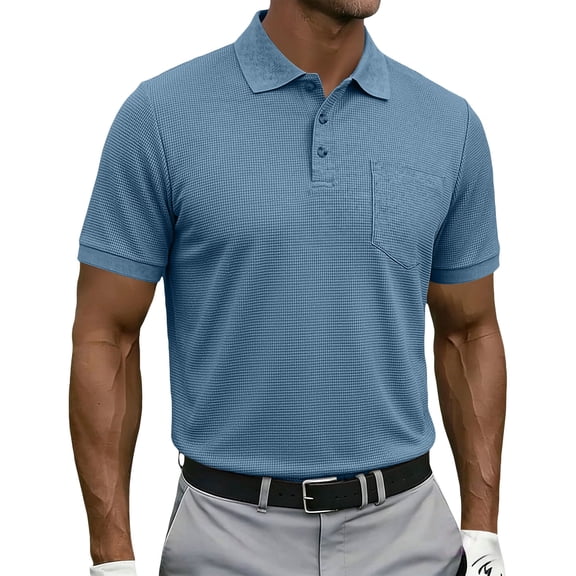 Mens Waffle Knit Polo Shirt Short Sleeve Button Down Pocket Top Casual Summer Golf Tee for Men Lightweight Breathable Fit Blue M