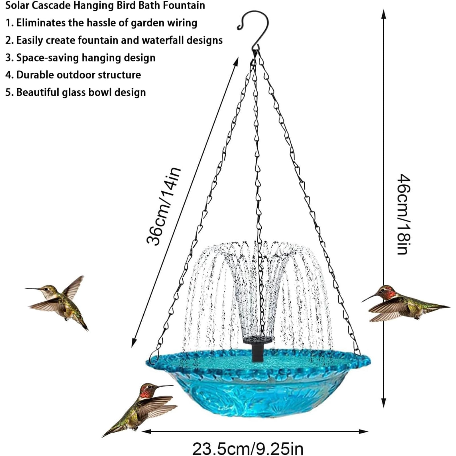 Solar Hanging Bird Bath Fountain, 3-Layer Metal Outdoor Bird Bath with Solar Pump, Water Feature for Backyard Garden Patio, Attracts Hummingbirds & Wild Bird