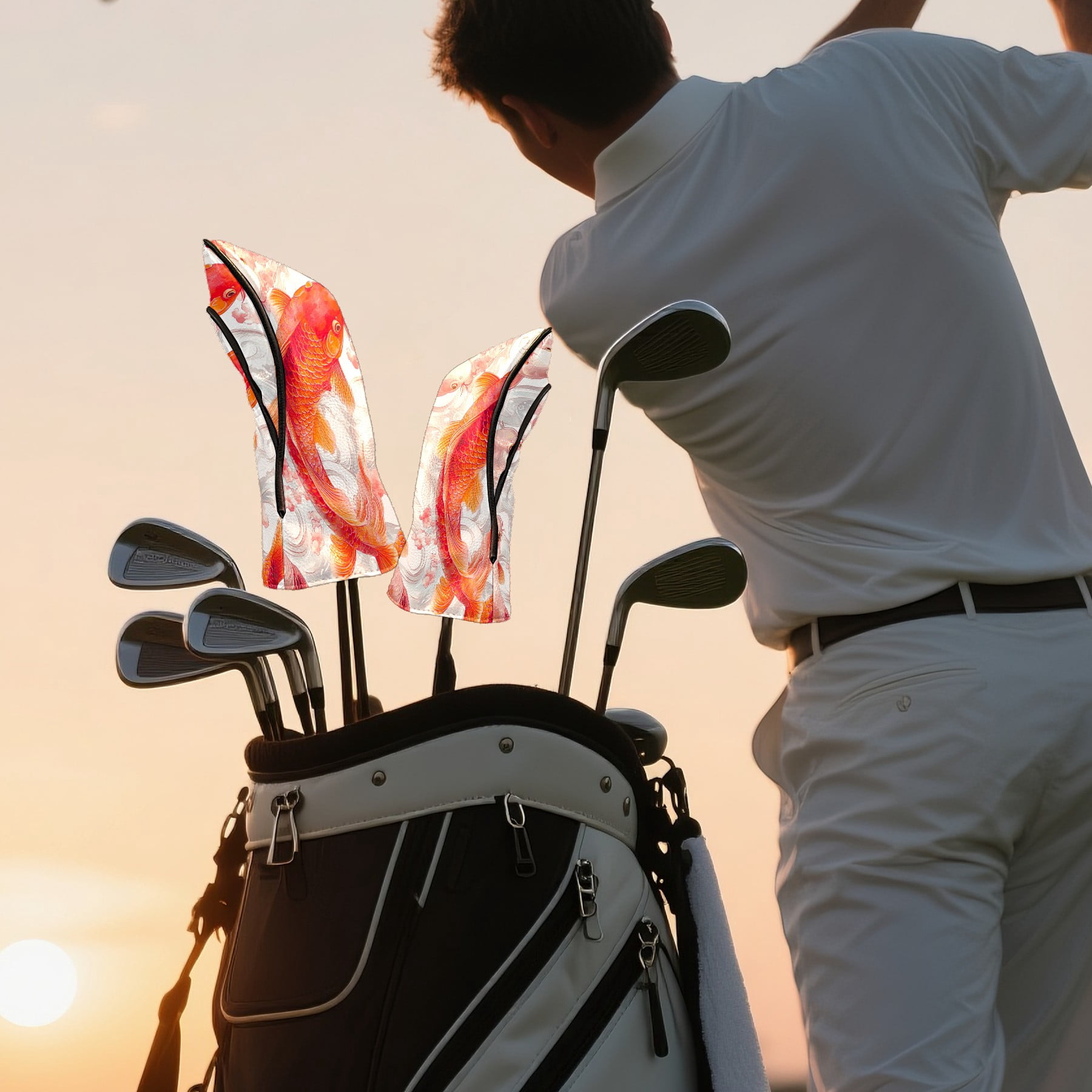 Golf Club Covers PU Leather Waterproof Head Covers for Fairway Woods Hybrids Koi Pattern