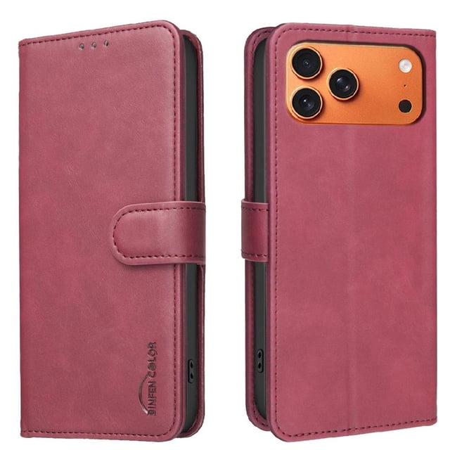 Wallet Case for iPhone 17 Pro RFID Blocking Flip Cover with Card Slots & Kickstand Red