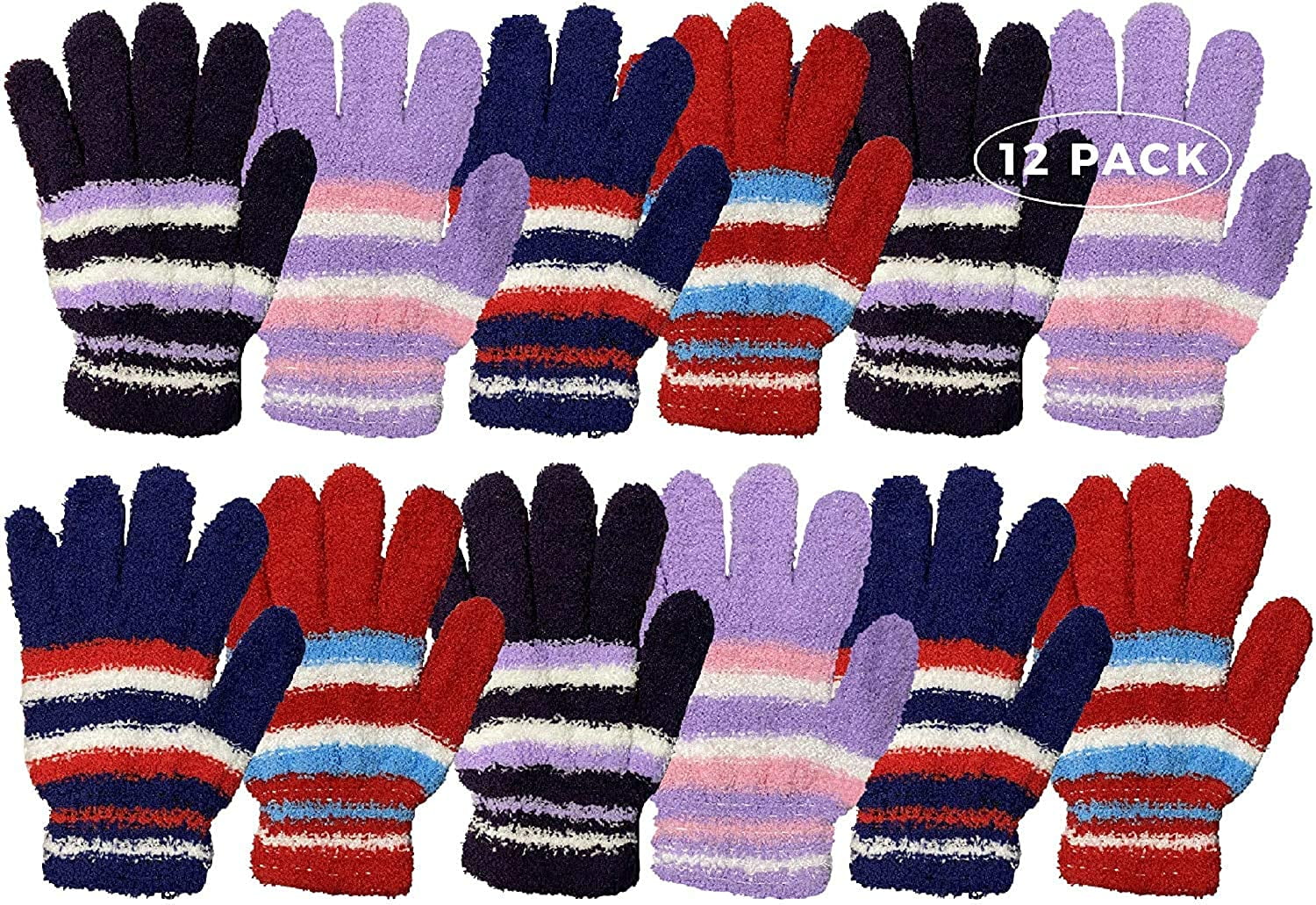 12 Pairs of Winter Gloves Mens Womens and Kids Thermal Knit Stretchy