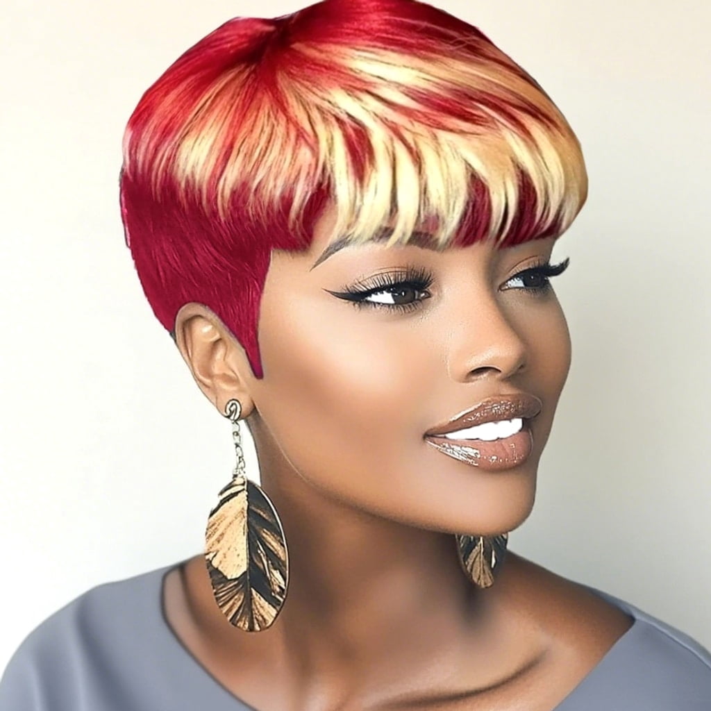 Typpkmm: Adjustable Pixie Cut Wigs for Women Brazilian Human Hair 99J 613 Short Wig with Bangs Layered Pixie Cut Wigs Full Machine Made Wig Red