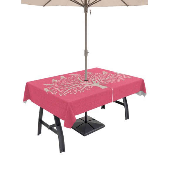 52x70 Inch Outdoor Tablecloth with Umbrella Hole Zipper Rectangle Black Tree Rectangular Tablecloths Outside Waterproof Birds Vintage Farmhouse Pink Patio Table Cloth Cover for Picnic Party