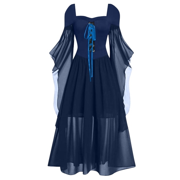 Womens Halloween Costumes 2024 Cosplay Gothic Dresses Women Casual Plus Size Cold Shoulder Dress Solid Color Lace Butterfly Sleeve Halloween Gothic Dress