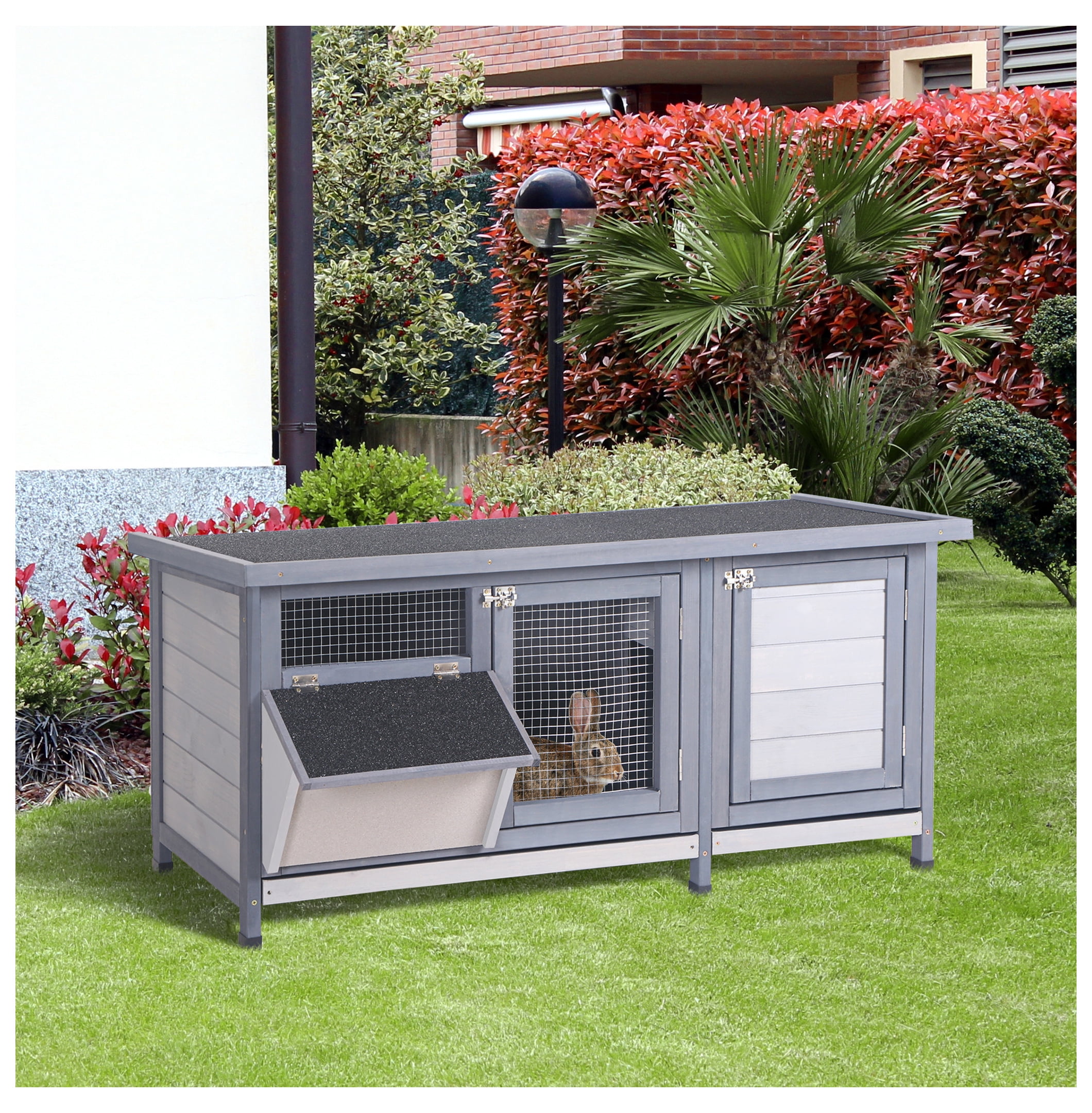 Rabbit Hutch Wooden Bunny Cage - Indoor Outdoor Guinea Pig Habitat w/ Roof & Trough - Gray