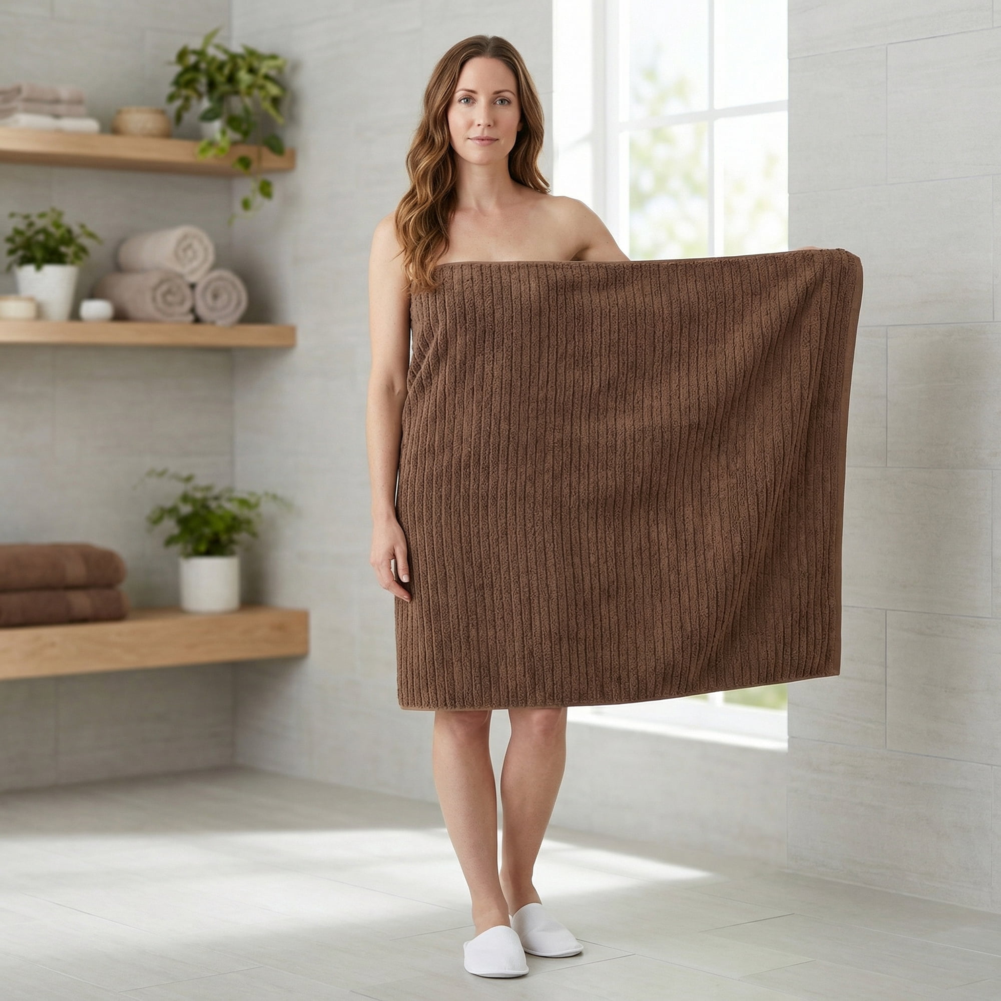 Unique Bargains Ultra Soft Absorbent Striped Cotton Bath Towel Dark Brown 55" x 28"