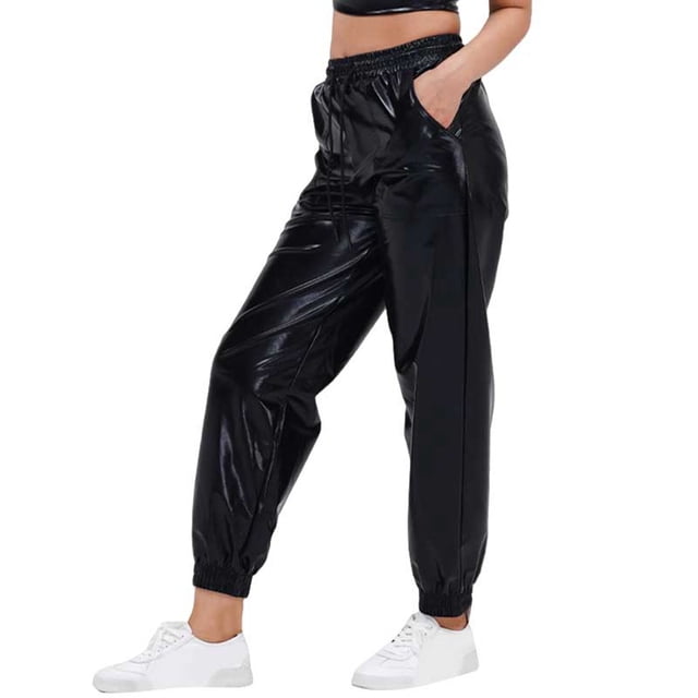 Womans Pants Solid Color Plus Size Street Styletrend Gold Stamping Sports Style Bright Leather Leggings Workout Pants for Women Black S