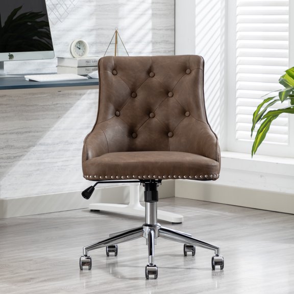 Modern Accent Chair, SYNGAR PU Leather Vanity Chair, Swivel Office Chair with Height Adjustable, Button-tufted Upholstered Task Chair with Ergonomic Backrest, for Home, Office, Study, Brown, D5802