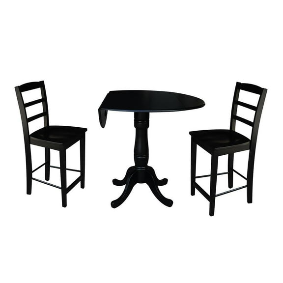 International Concepts 3-Piece Black Solid Wood Gathering Height Dining Set with 42" Dual Drop Leaf Round Pedestal Table and 2 Counter Height Stools
