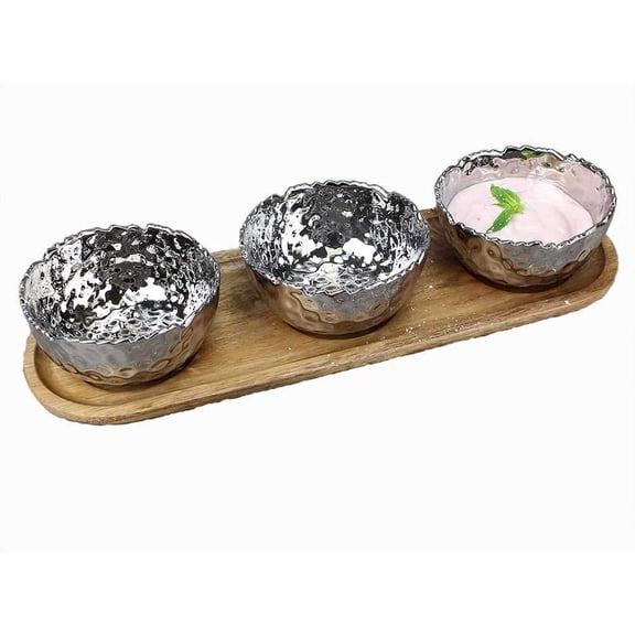 Pampa Bay Millenium - 3 Porcelain Bowls on Acacia Wood Tray