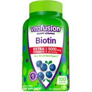 vitafusion Extra Strength Biotin Gummy Vitamins, Berry Flavored, 5,000 mcg Biotin Vitamins, America’s Number 1 Gummy Vitamin Brand, 50 Day Supply, 100 Count (Packaging may vary)