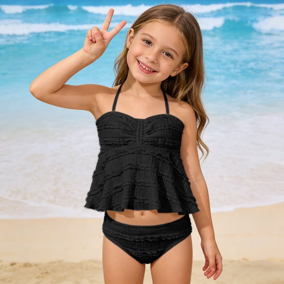 3-12 Years Girls Two Piece Swimsuit Layered Halters Flounce Sport Bikini Set Adjustable Straps Beach Bathing Swimwear Kids Summer Beachwear Outfit Black