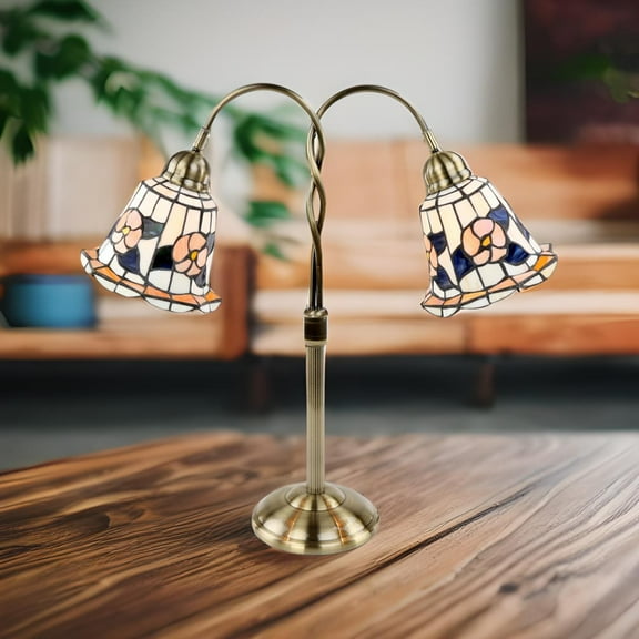 Renovators Supply Twin Goose Neck Desk Table Lamp Floral Stained Glass Double Light 24" H 40 Watt Type A