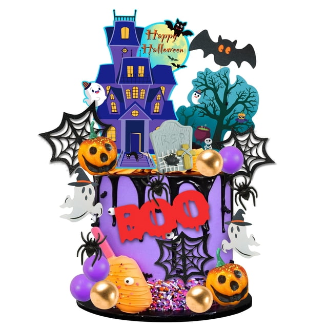 Juego de 26 decoraciones para tartas de Halloween, árbol de casa embrujada, fantasma, murciélago, boo, letrero para magdalenas, lápida, calabaza, bolas de ara&ntil