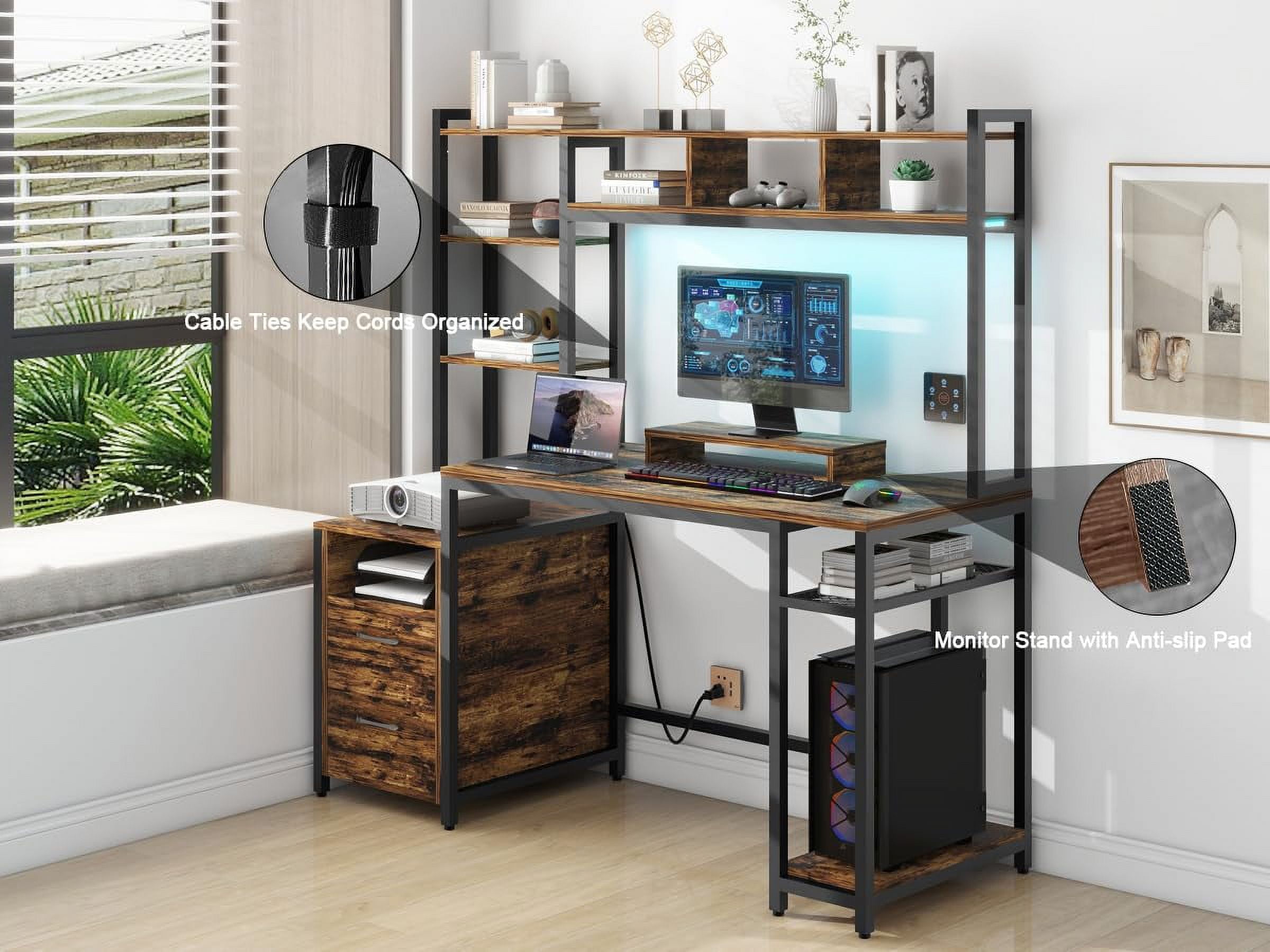 59" Home Office Desk with LED Lights and Power Outlets, Gaming Desk with Drawers and Shelves, Rustic Brown Finish