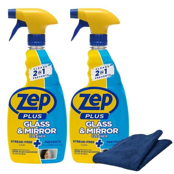 Zep Plus Glass & Mirror Foaming Cleaner 32 oz and Blue Microfiber Rag Ammonia-Free Anti-Fog Streak-Free Mirror and Glass Cleaning