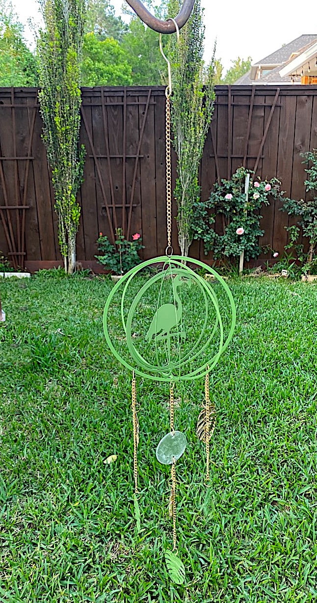 Wind Chime Flamingo Green & Gold 3D Sculpture Spinner Metal Hanging Decorations Ornaments Outdoor Lawn Yard Garden 31"