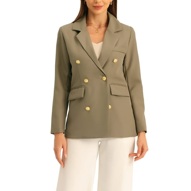 INSPIRE CHIC Blazer à Manches Longues à Double Boutonnage pour Femmes, Col Cranté, Bureau, Kaki, P