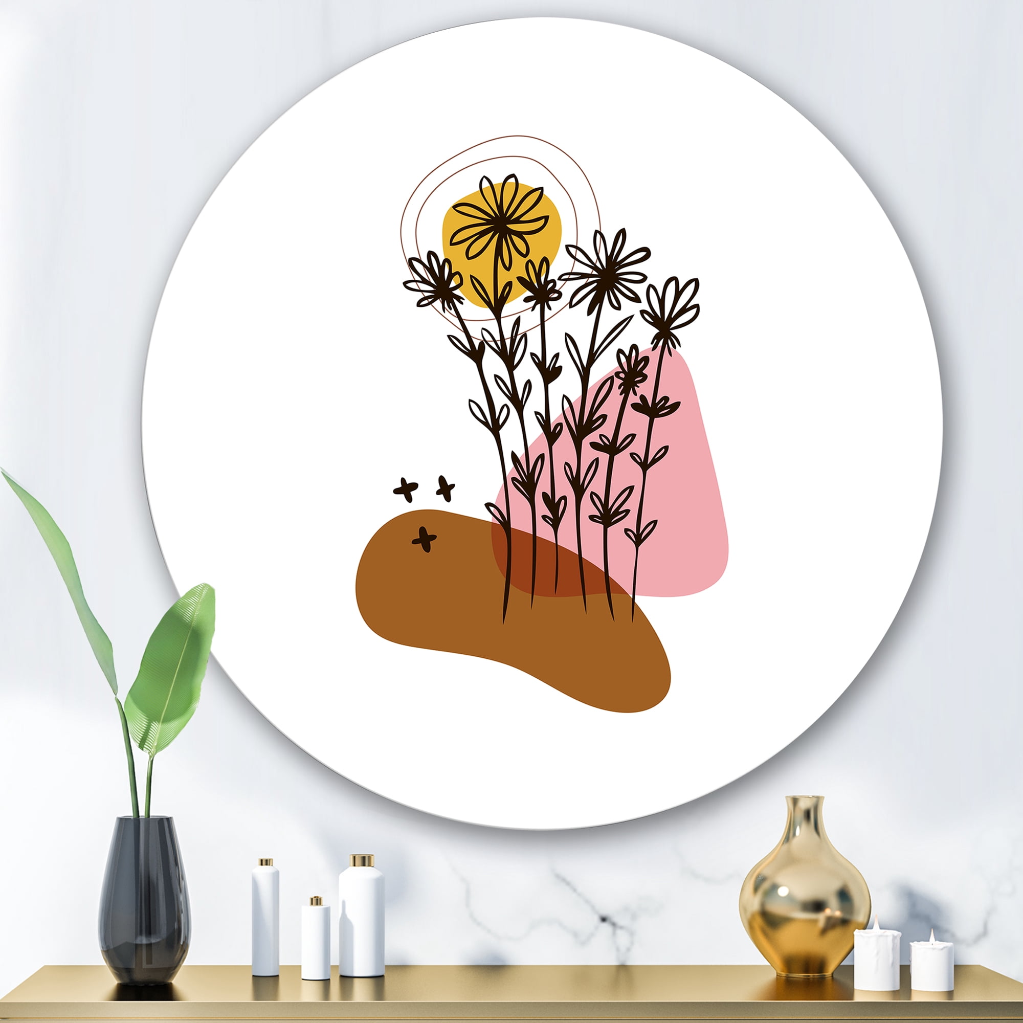Designart 'Abstract Flowers Plants With Elementary Shapes I' Modern Circle Metal Wall Art 29x29 - Disc of 29