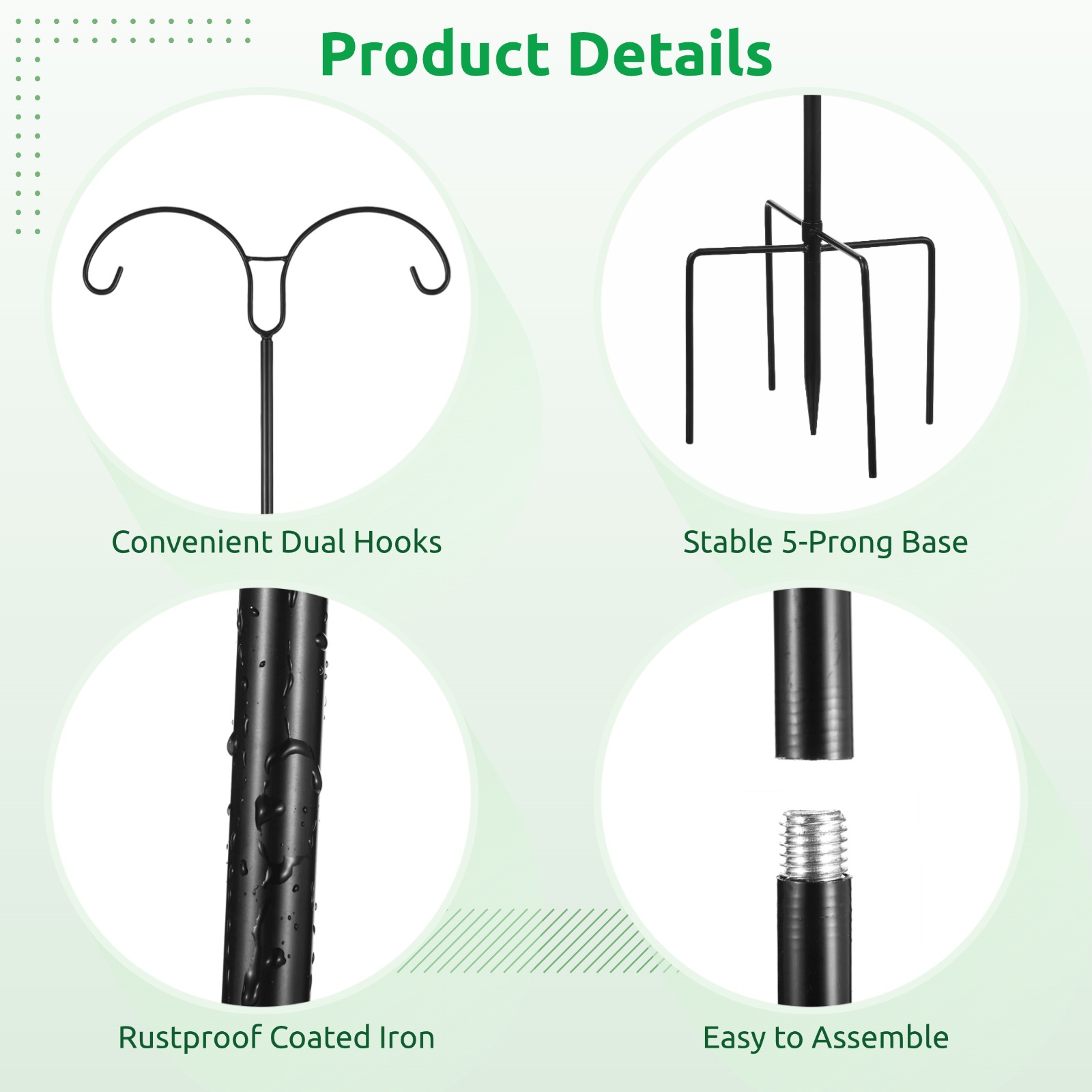 Adjustable Double Shepherds Hook for Outdoor, 98 in Heavy Duty Metal Hanger with 5-Prong Base for Bird Feeders, Two Sided Garden Pole for Hanging Baskets, Lanterns, Wind Chimes