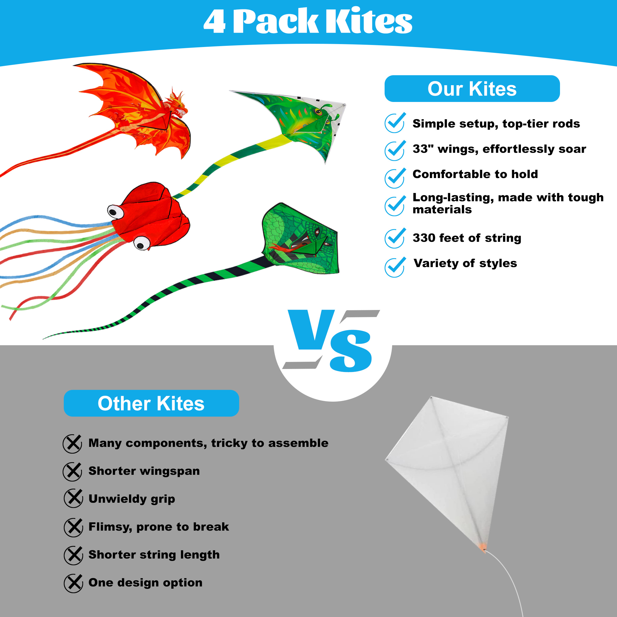 4 Pack Kites - Large Fire Dragon Kite Green Snake Kite Devil Fish Kite Red Mollusc Octopus with Long Colorful Tail for Kids Adults Outdoor Game Activities