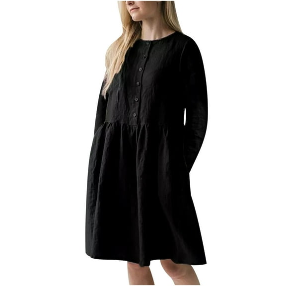 Fesfesfes Casual Round Neck Button Long Sleeve Cotton Linen Knee-High Dress Pocket Solid Dresses Plus Size Clearance $10