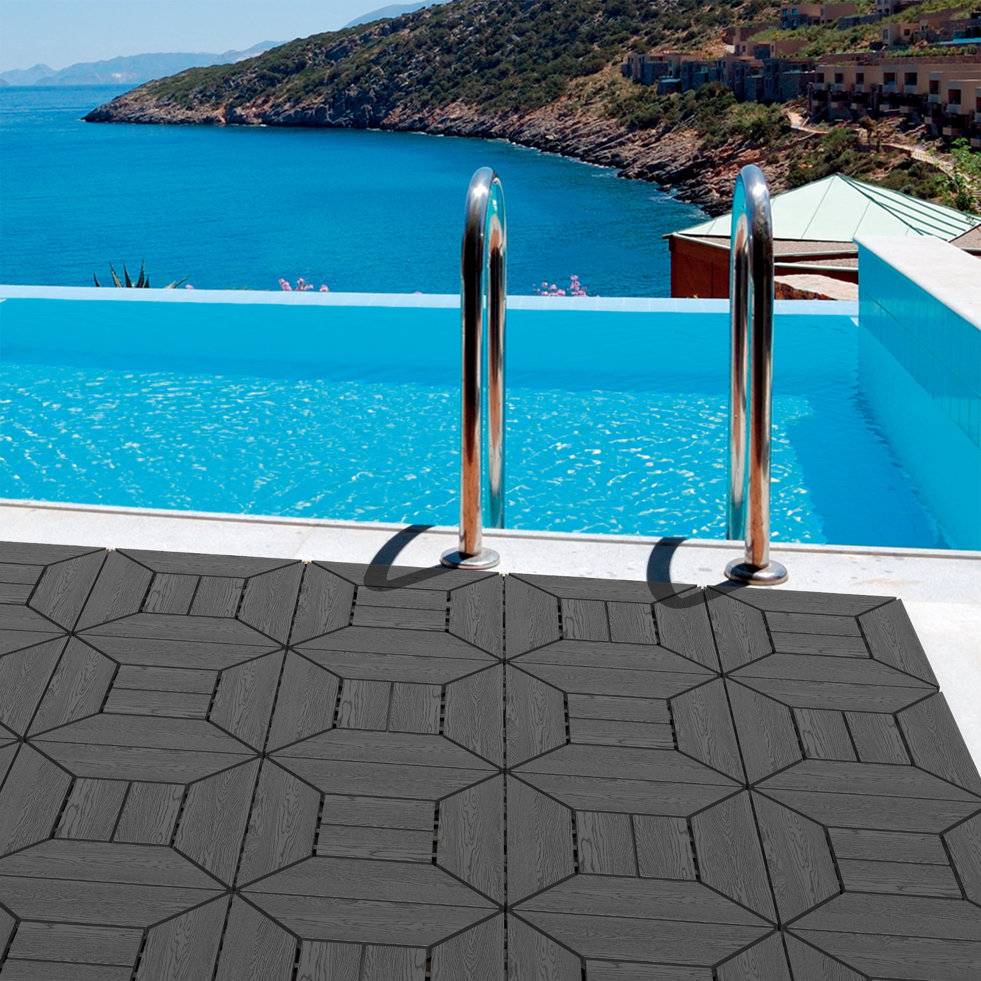 44 Pack Plastic Interlocking Deck Tiles,12"x12" Waterproof Indoor/Outdoor Floor Tiles,All-Weather Patio Floor Decking Tiles for Garden,Lawn,Porch,Poolside,Balcony,Style 02,Grey