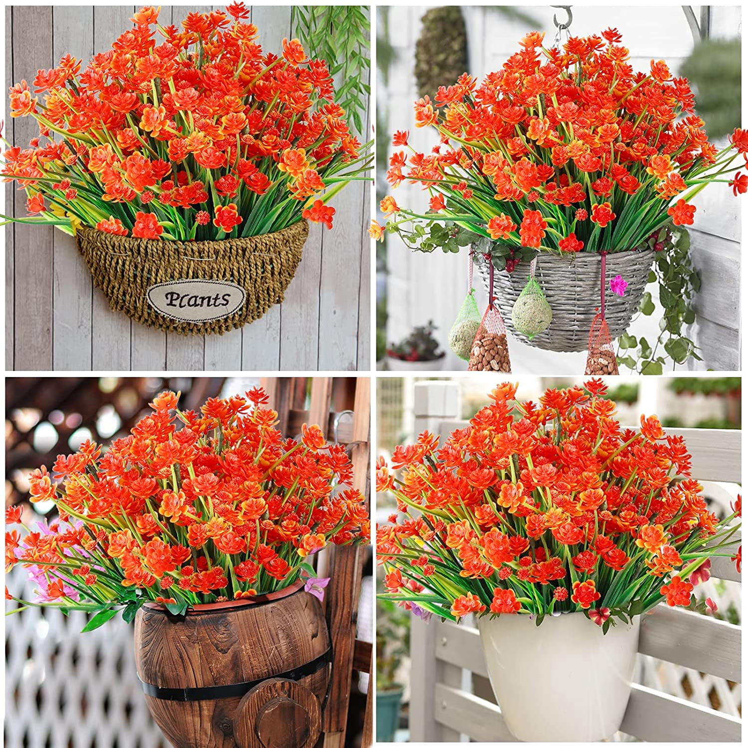 Morttic Artificial Flowers for Outdoors Plastic UV Resistant Faux Flowers Decoration Greenery Garden Shrubs，Bulk Fake Flowers in Vase (Orange 4pcs)