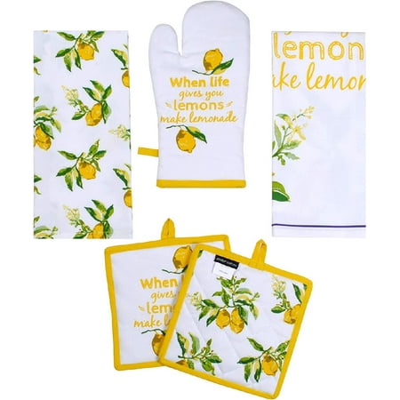 

Citrus Splash 5 Pack Kitchen Set | 100% Cotton Machine Washable | 2 Kitchen Towels 2 Pot Holders and Oven Mitt | Perfect for Gifting Baking and Everyday Cooking