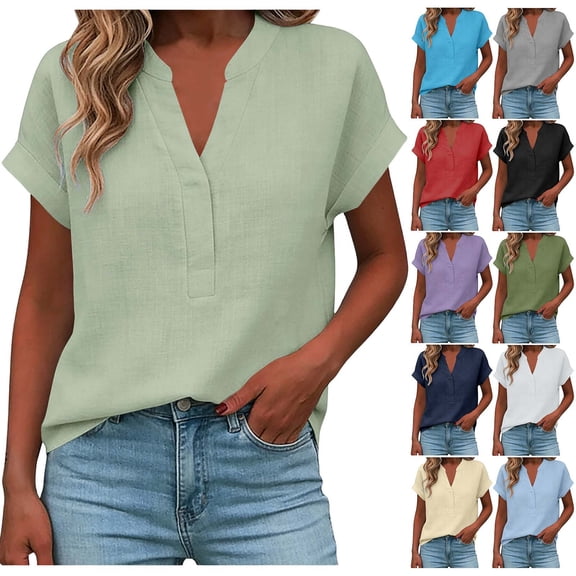 TAGOLD Womens Short Sleeve V-Neck Blouses & Shirts Solid Color V Neck Button Loose Linen Top
