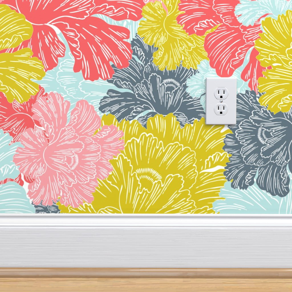 Removable Water-Activated Wallpaper Flowers Retro Flower Floral Bold Tropical