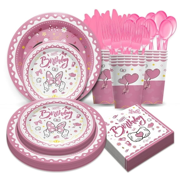 168pcs Birthday Party Supplies Kit - pink plates for party, Cups, Napkins, Cutlery for 24 Guests