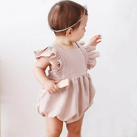

XMMSWDLA Toddler Girl Clothes Baby Girls Fashion Cute Solid Color Cotton Linen Ruffles Backless Jumpsuit Romper Deals Clearance