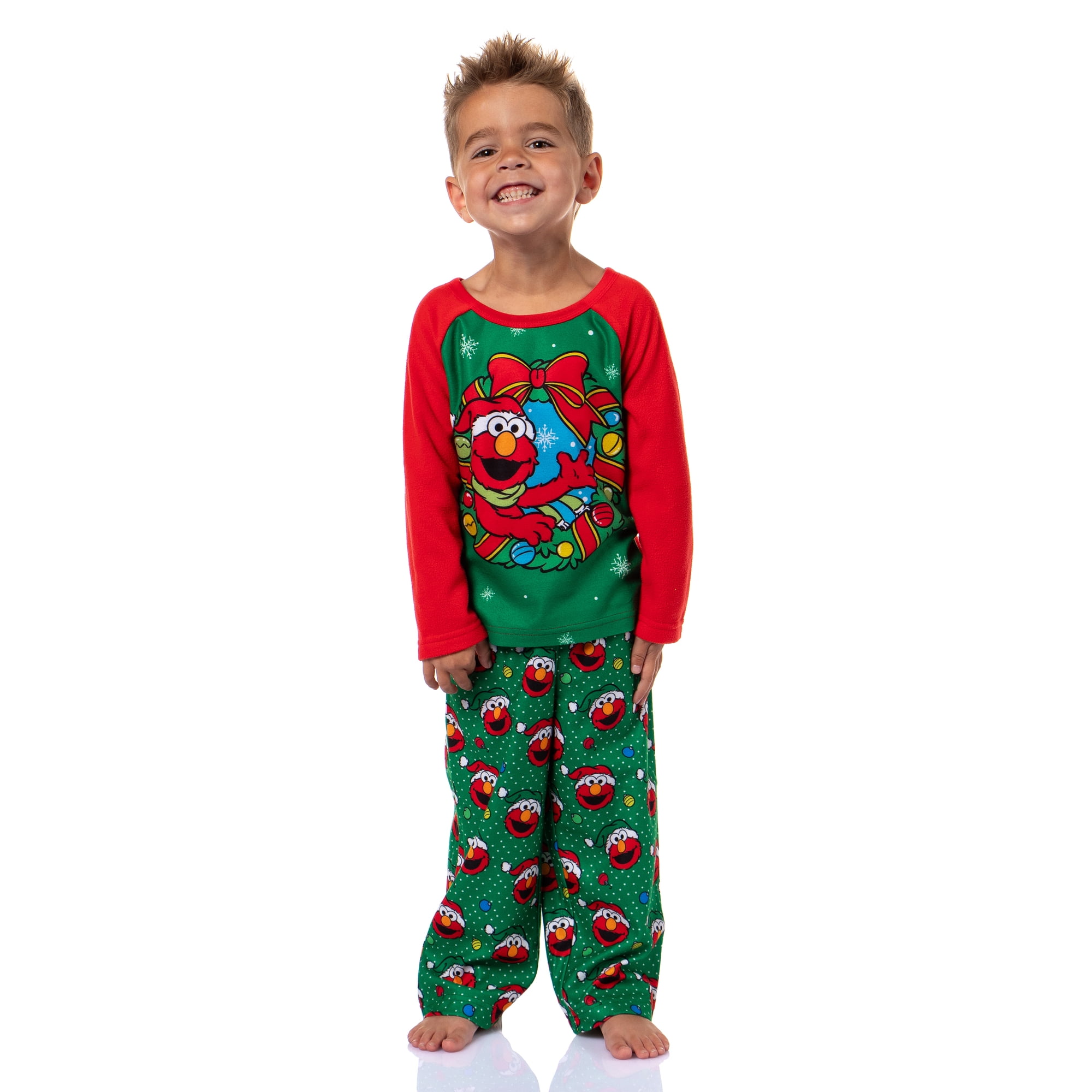 Sesame Street Kid's Elmo Festive Christmas Wreath 2-Piece Sleepwear Long Sleeve Fleece Raglan Pajama Set Loungewear
