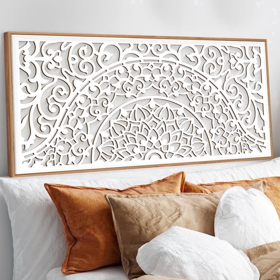 TOARTi Large Mandala Wooden Wall Art Boho Floral Framed Hollow-out Sculpture Modern Minimalist Botanical Decor for Living Room Bedroom Office Above Bed 16x32 Inch