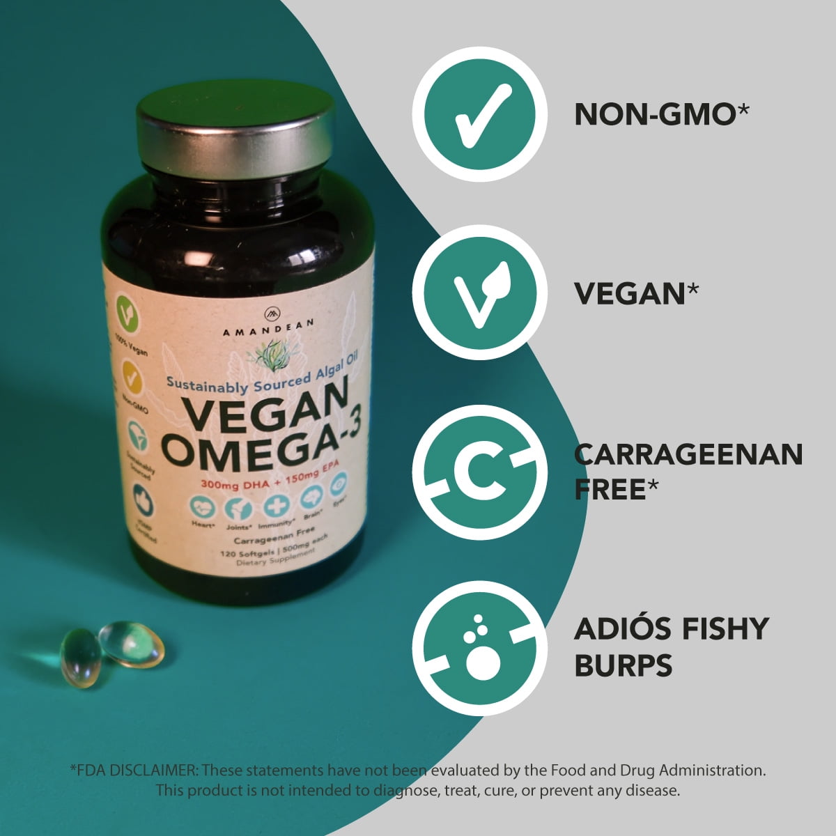 Amandean Vegan Omega-3 Supplement. Fish Oil Alternative! Plant Based DHA & EPA Algal Oil. 60 Capsules. Joint, Heart, Skin, Brain, Eye